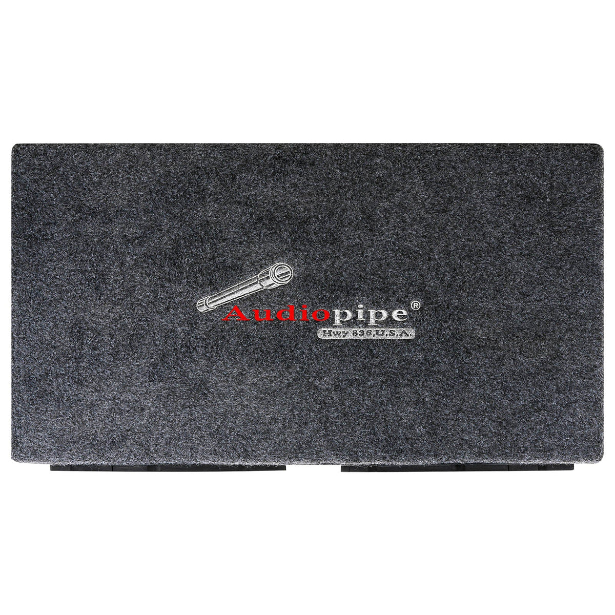 Car subwoofer enclosure with Audio pipe logo on gray carpet rear face