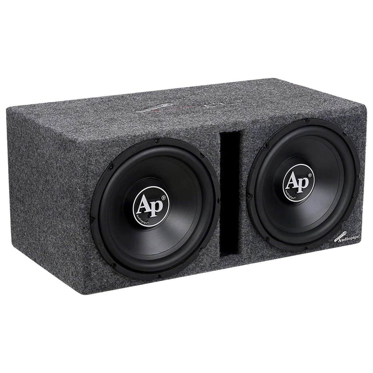 Car audio subwoofer enclosure with two black woofers and center slot