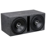 Car audio subwoofer enclosure with two black woofers and center slot