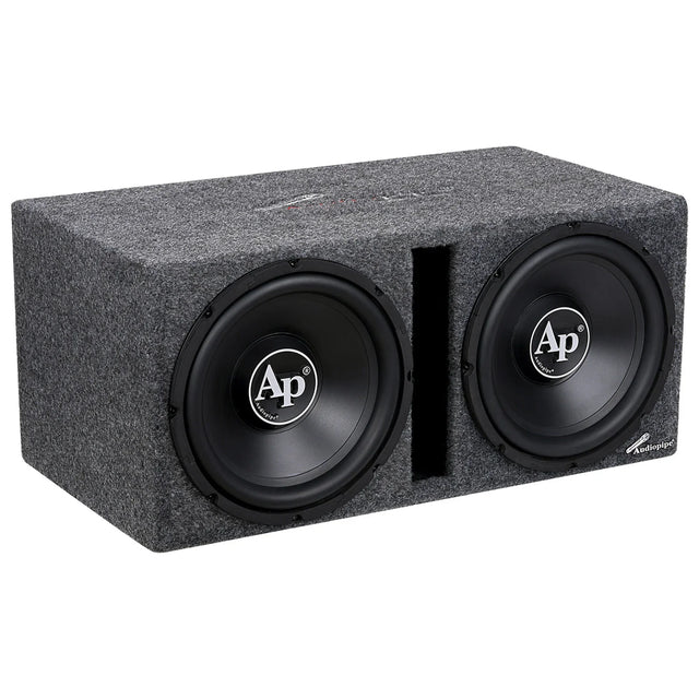 Car audio subwoofer enclosure with two black woofers and center slot