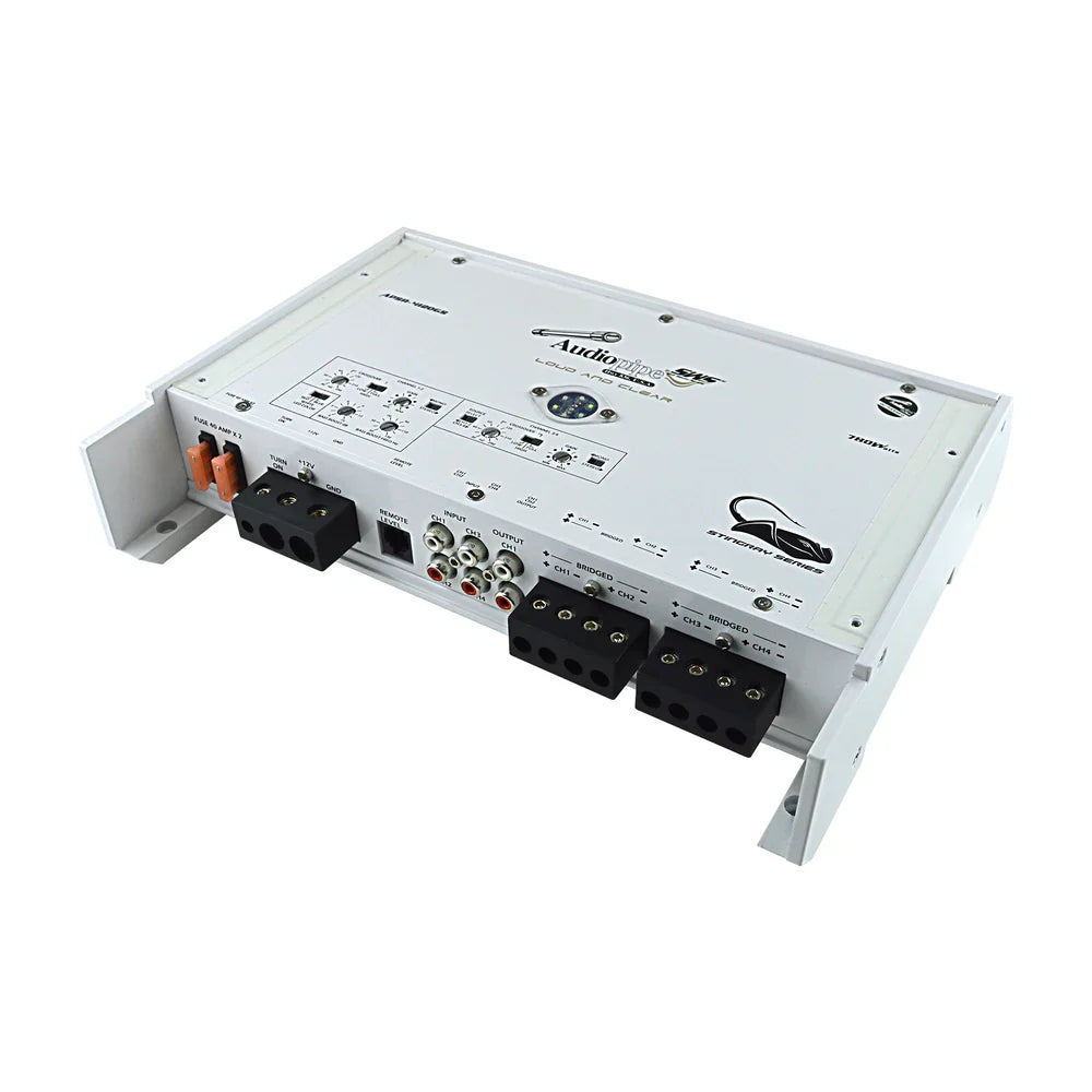 Marine amplifier rear panel with ports, RCA connectors, and terminal blocks