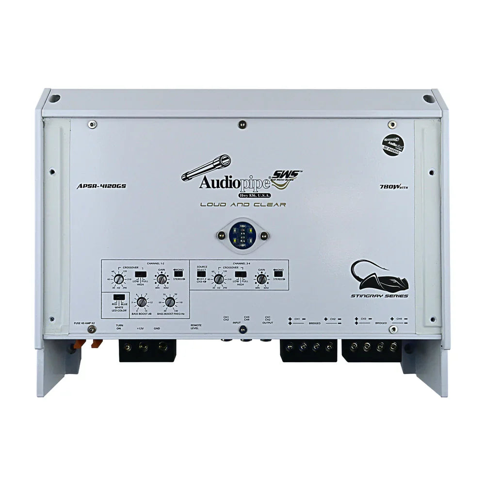 Marine amplifier back panel with control knobs, status labels, and wiring terminals