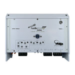 Marine amplifier back panel with control knobs, status labels, and wiring terminals