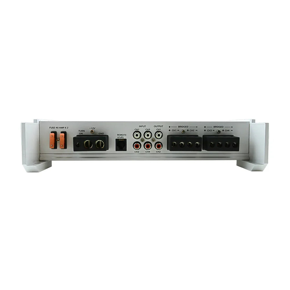 Marine amplifier rear audio input and output connectors across the bottom edge