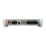 Marine amplifier rear audio input and output connectors across the bottom edge