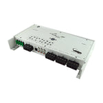 Marine amplifier rear panel with green and black input/output connectors