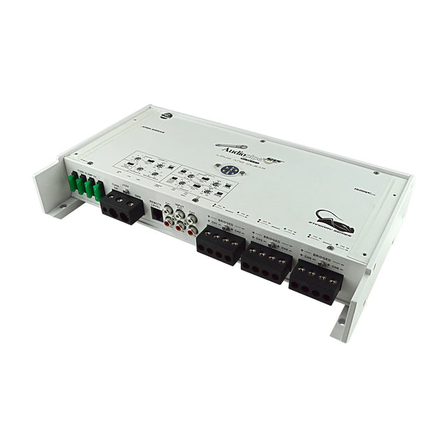 Marine amplifier rear panel with green and black input/output connectors