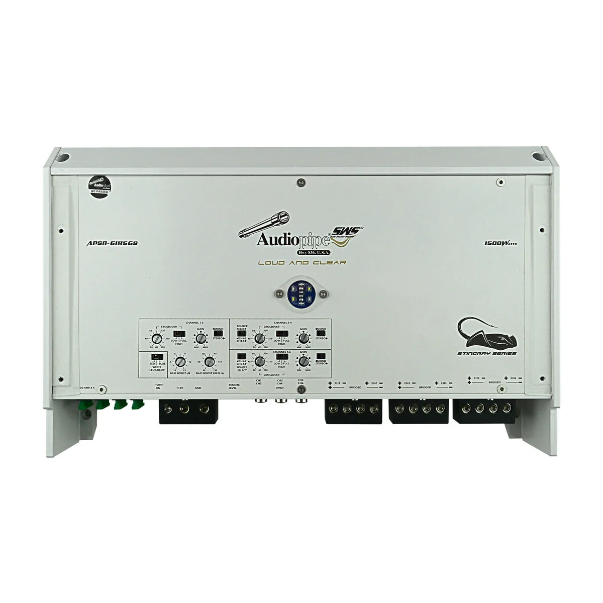 Marine amplifier rear panel with controls and Audiopipe badge