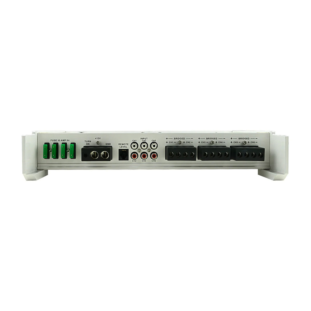 Marine amplifier connection ports and control switches on silver housing
