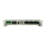 Marine amplifier connection ports and control switches on silver housing