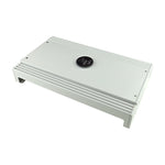 Marine 6-channel class D amplifier with silver casing and Audiopipe logo