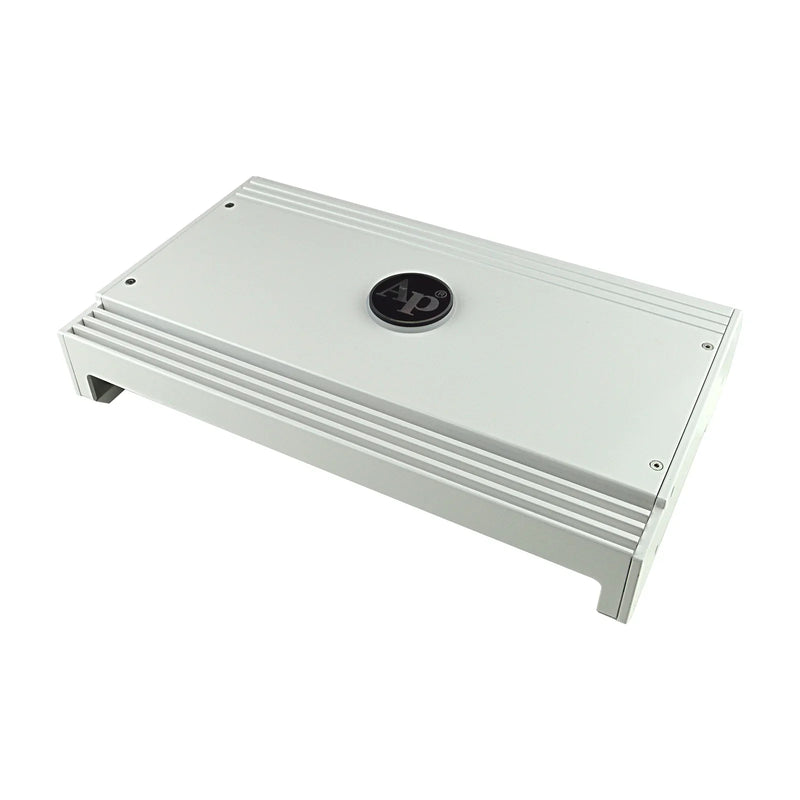 Marine 6-channel class D amplifier with silver casing and Audiopipe logo