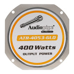 Gold super tweeter speaker front with black rim, orange label ring, and flange holes