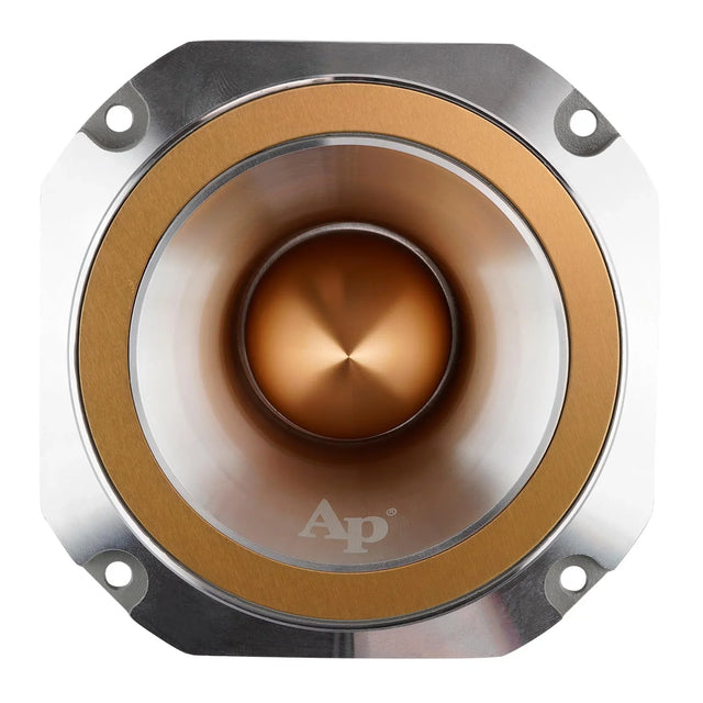 Gold horn super tweeter with front faceplate, screw holes, and logo badge