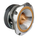 Angled view of gold super tweeter speaker with metal housing and wiring terminal
