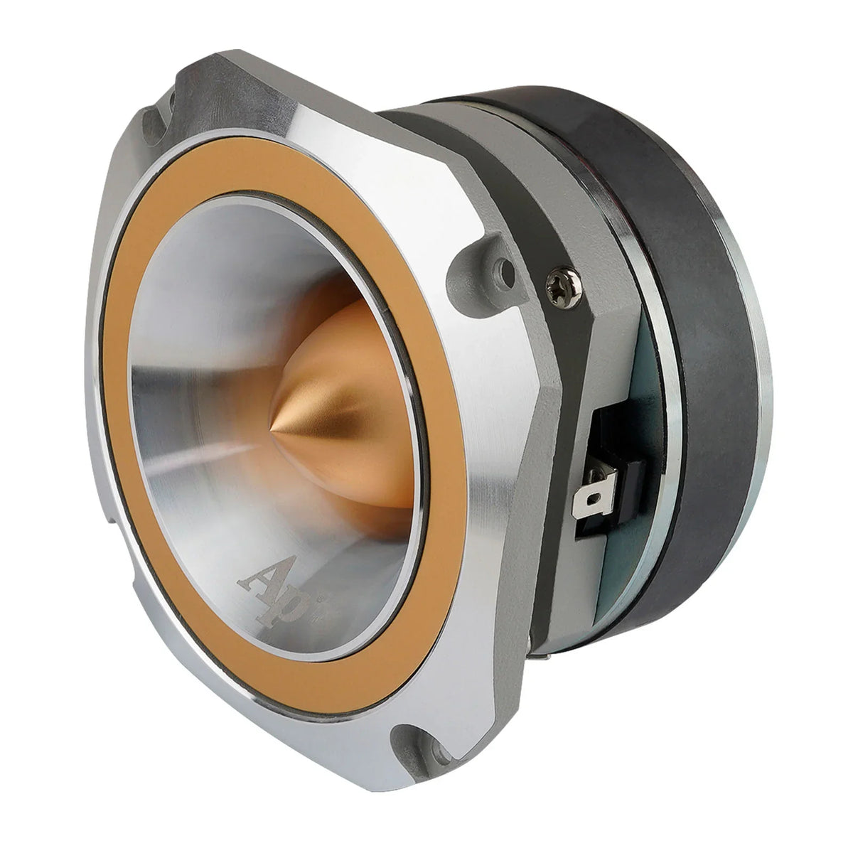 Side view of gold super tweeter speaker showing horn, mounting holes, and connector