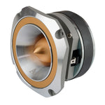 Side view of gold super tweeter speaker showing horn, mounting holes, and connector