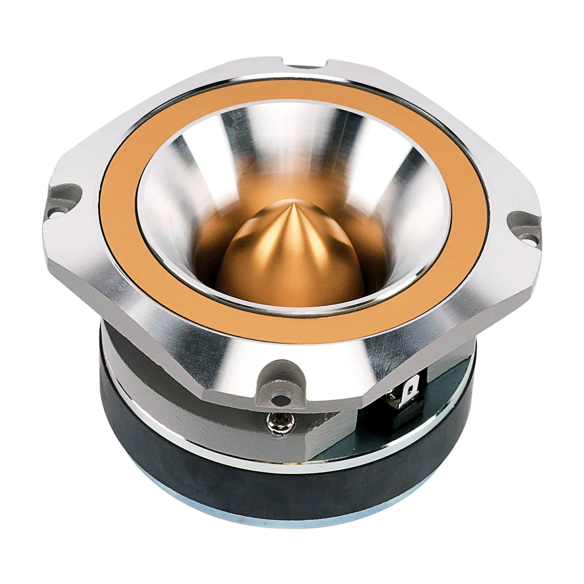 Gold super tweeter driver with shiny metallic horn and orange ring