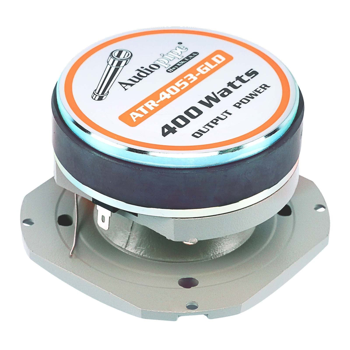 Super tweeter speaker with black top cap, orange ring, and mounting base