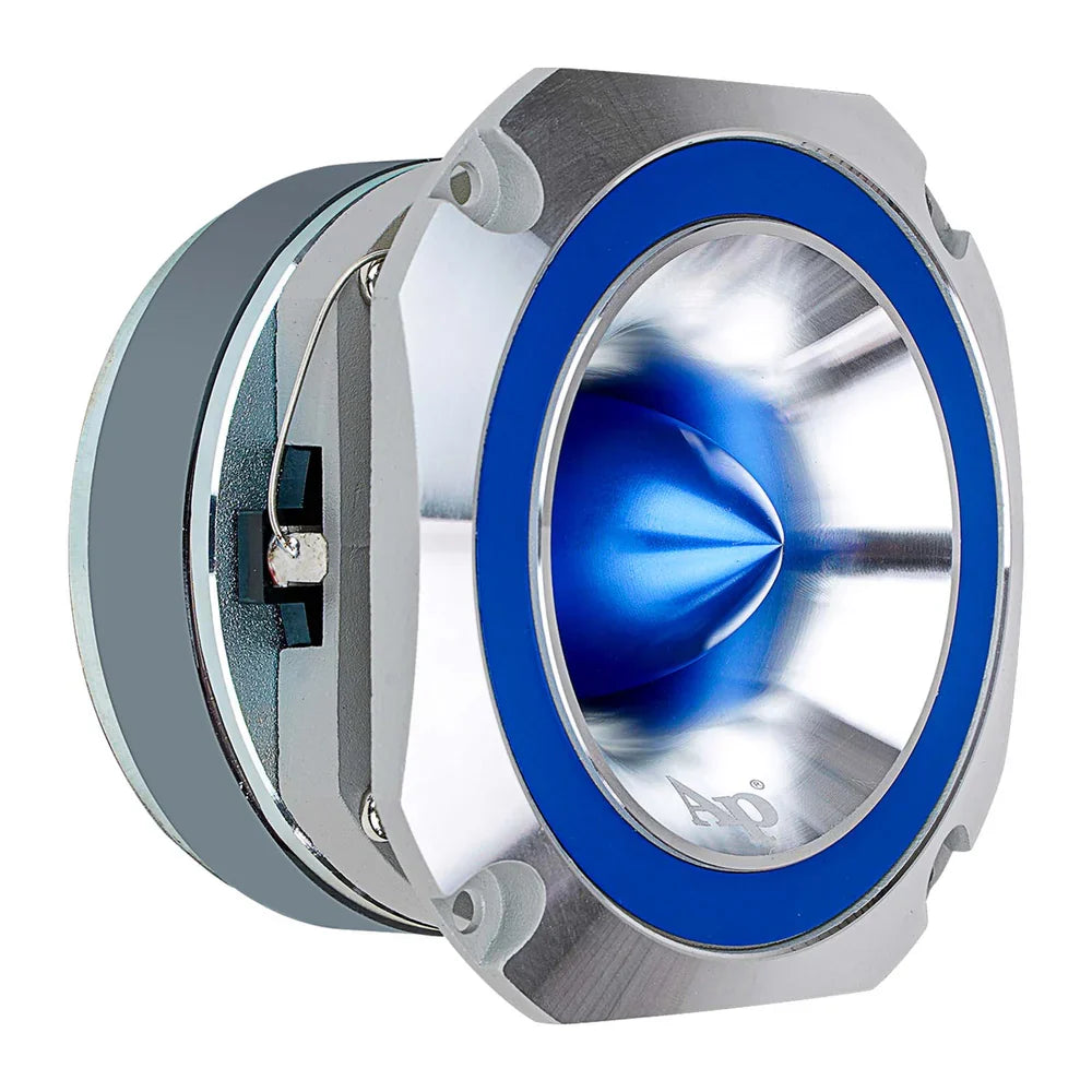 Audiopipe super tweeter side view, blue ring and silver metal housing