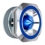 Audiopipe super tweeter side view, blue ring and silver metal housing