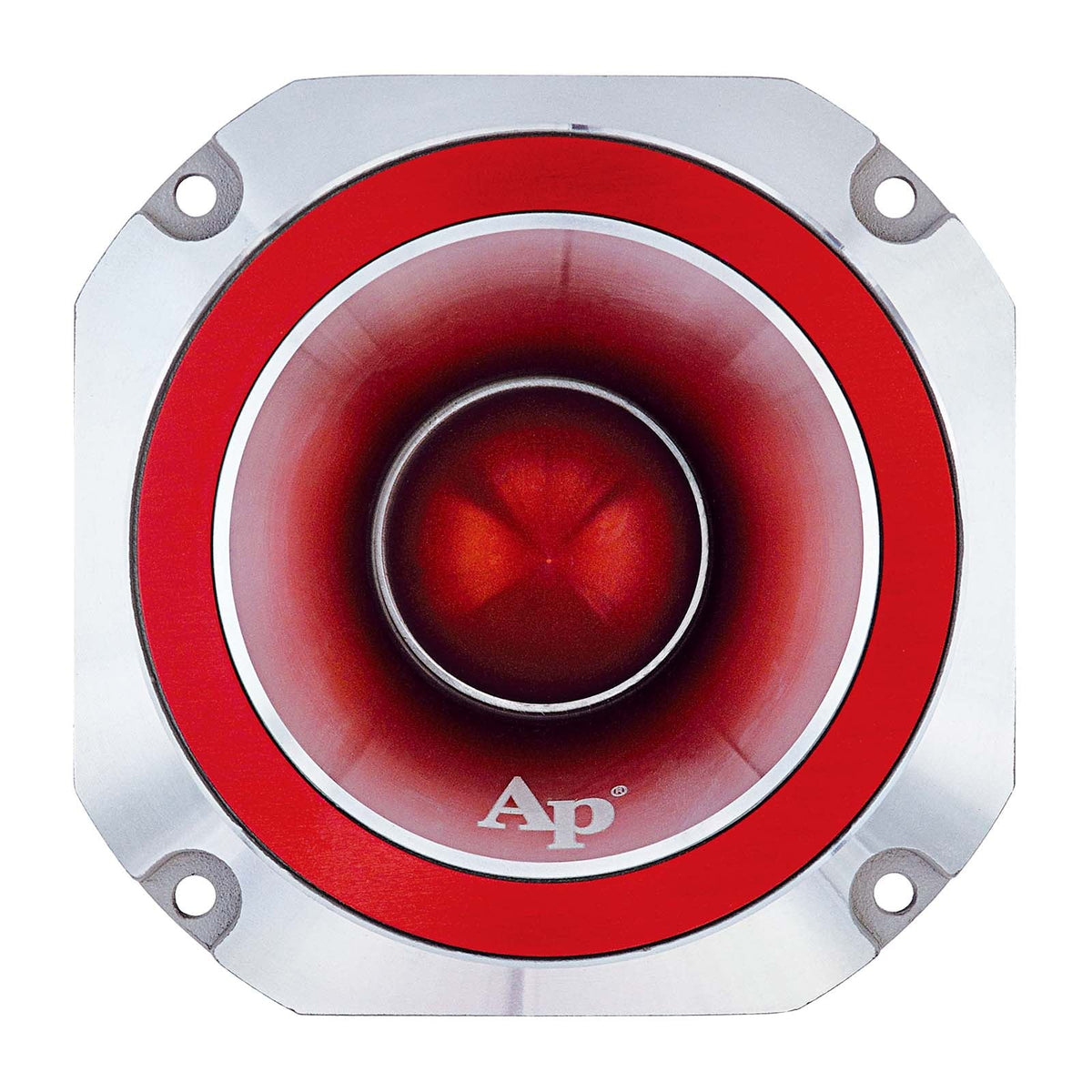 Heavy duty super tweeter with red circular driver and chrome ring, front mount view