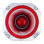 Heavy duty super tweeter with red circular driver and chrome ring, front mount view