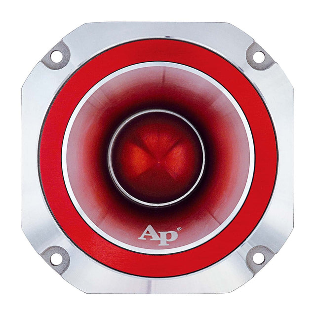 Heavy duty super tweeter with red circular driver and chrome ring, front mount view