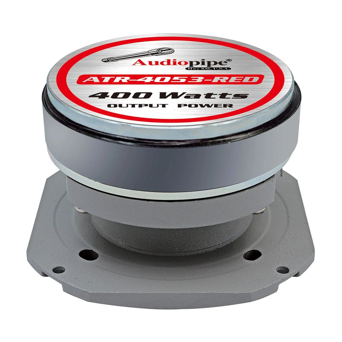 Audiopipe super tweeter top label showing ATR-4053-RED, 400 watts output power