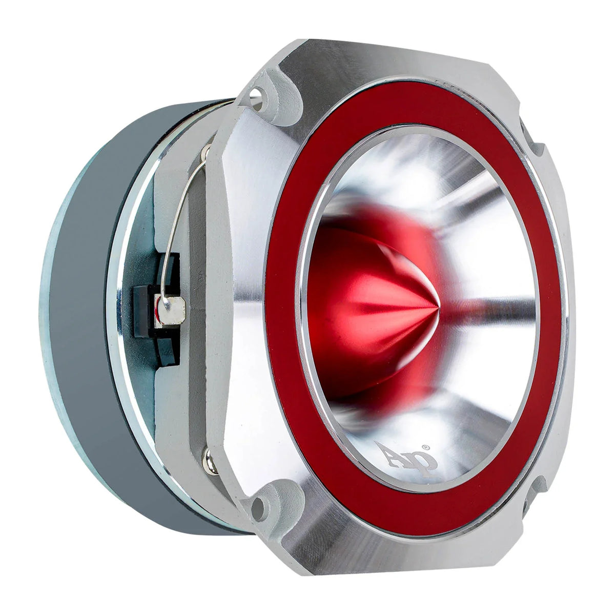 Heavy duty super tweeter side view with red driver, silver grille, and electrical leads