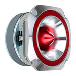 Heavy duty super tweeter side view with red driver, silver grille, and electrical leads