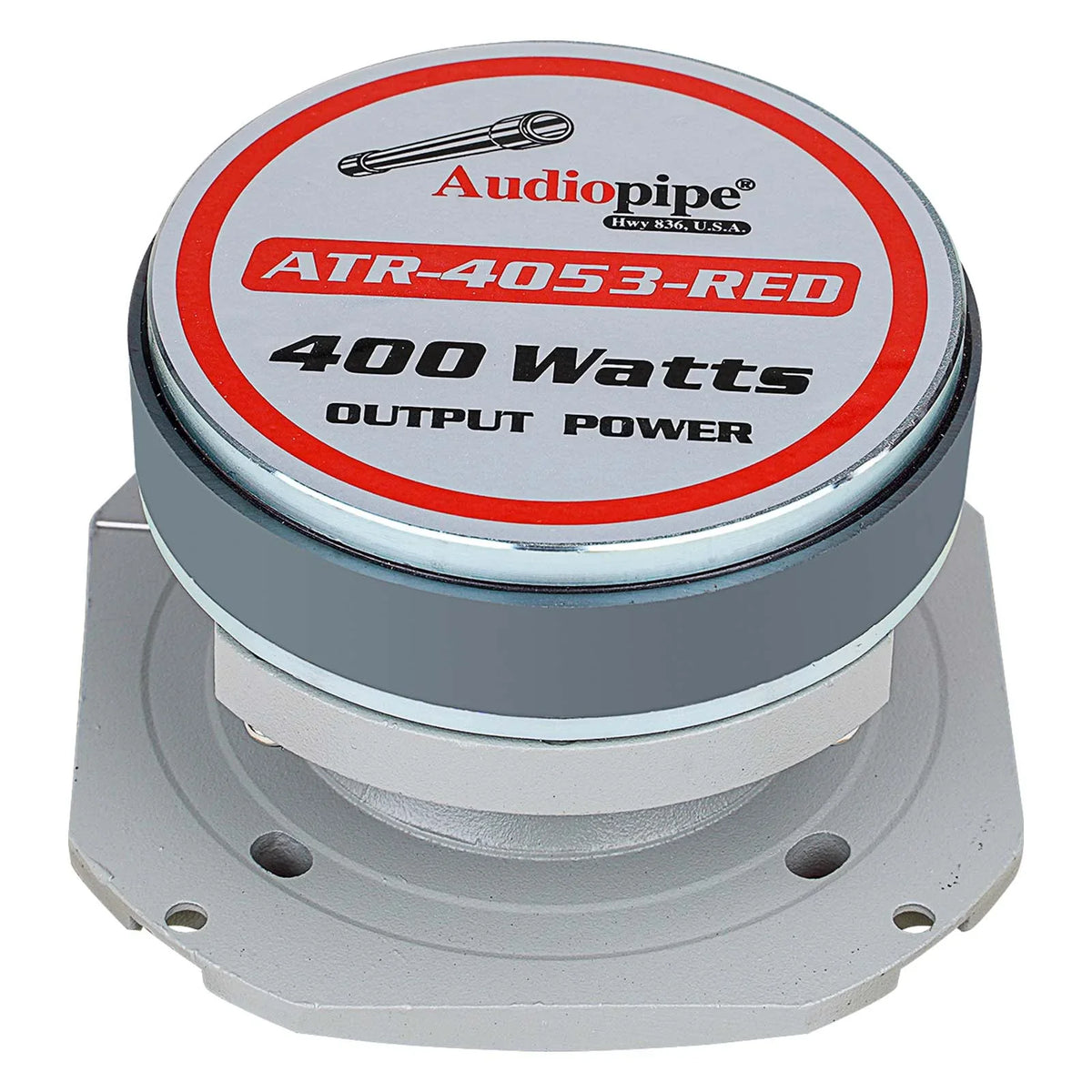 Audiopipe super tweeter top label with red and white text, 400 watts output power