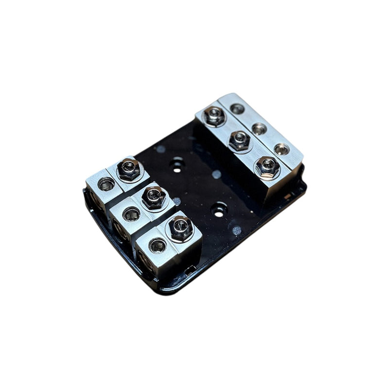 Metal fused distribution block bottom view with three insulated studs and wiring terminals