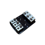 Metal fused distribution block bottom view with three insulated studs and wiring terminals