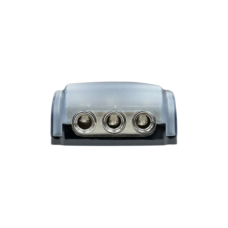 Metal fused distribution block front face with three threaded connection terminals