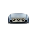 Metal fused distribution block front face with three threaded connection terminals
