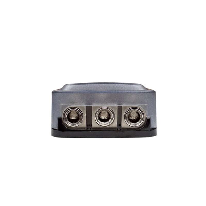 Metal fused distribution block with three silver connection ports on front face