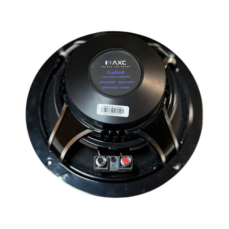 Black 8-inch midrange speaker with rear input terminals and label
