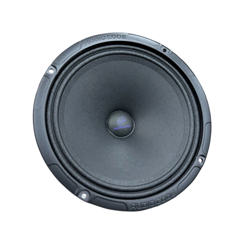Car audio midrange speaker with round black cone and gray surround, front view