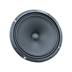 Car audio midrange speaker with round black cone and gray surround, front view