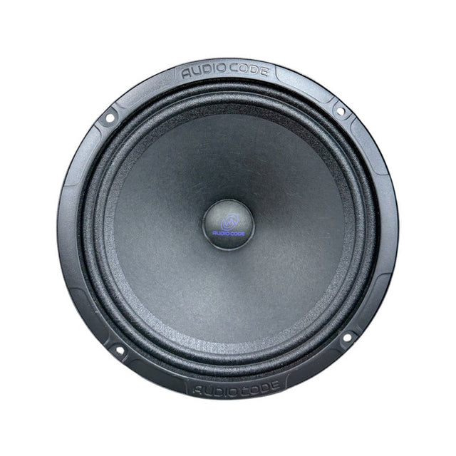 Car audio midrange speaker with black cone and gray ring surround, front view