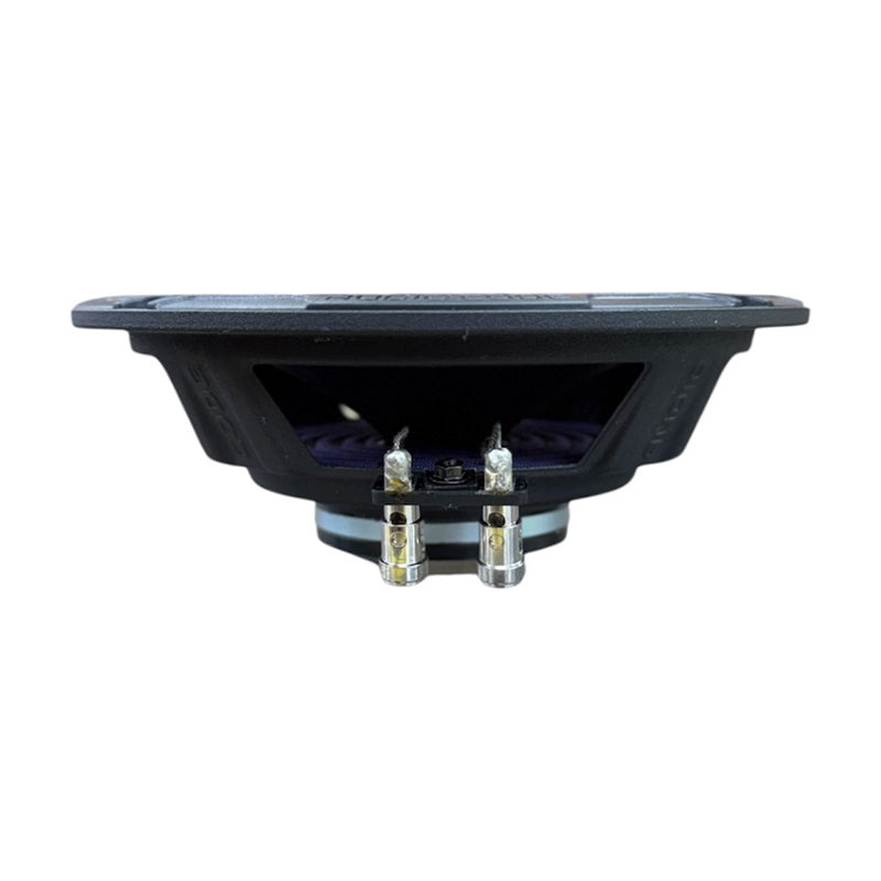 Car audio midrange speaker side view, showing mounting rim and metal terminal posts