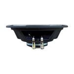 Car audio midrange speaker side view, showing mounting rim and metal terminal posts