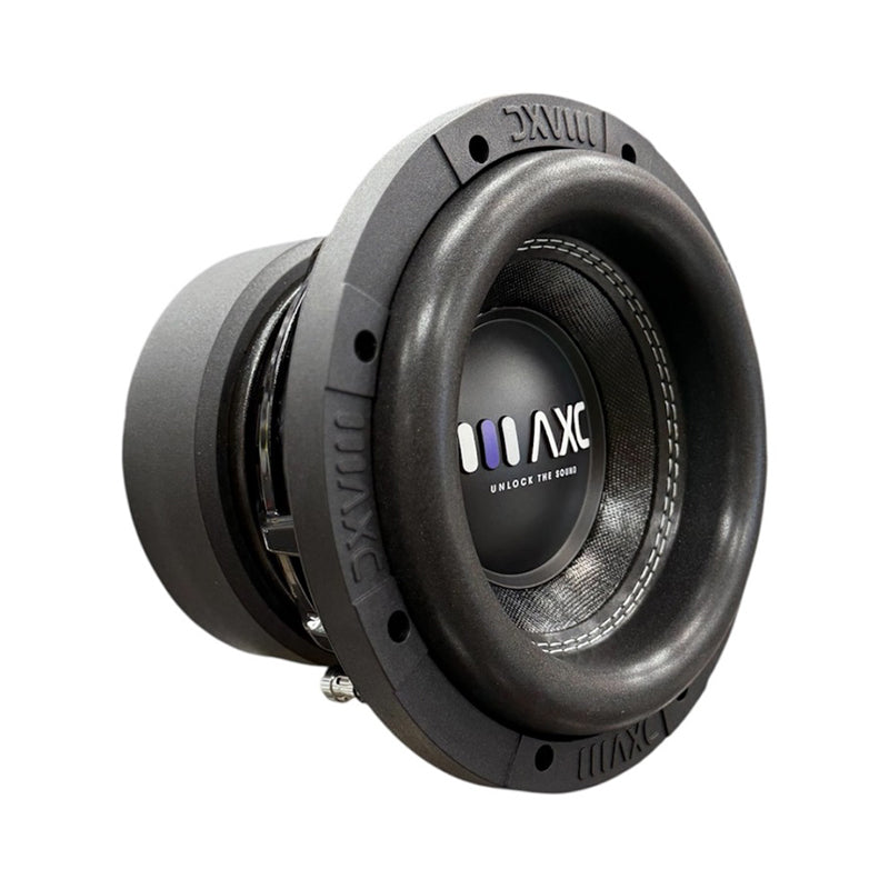 Gray and black 8 in subwoofer driver with side basket and center logo