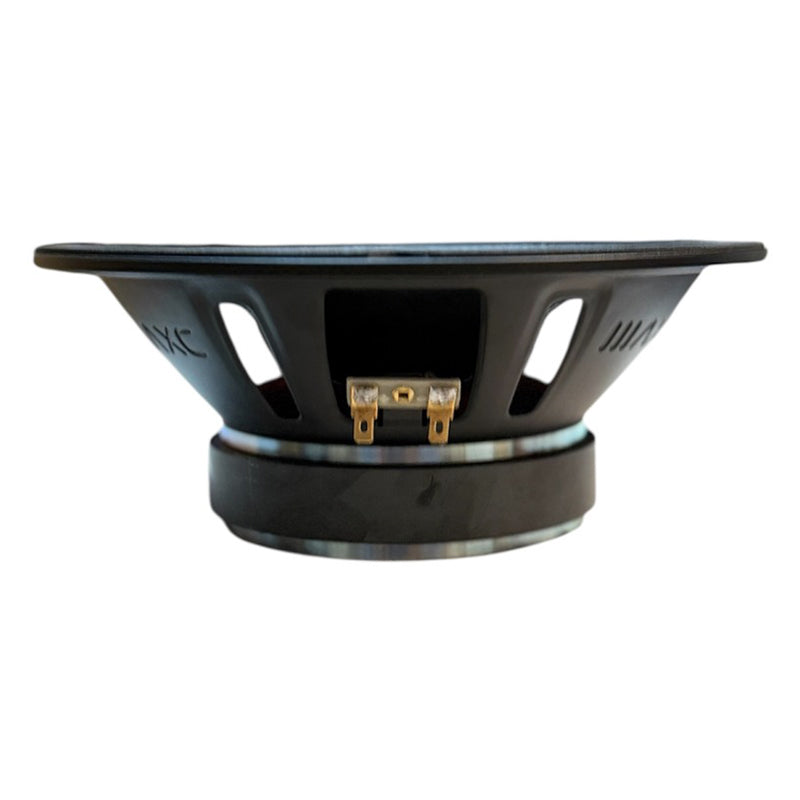 8-inch midrange speaker rear with black frame and gold wire terminals