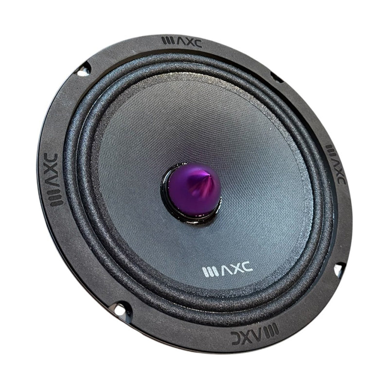 8-inch midrange speaker with gray cone and purple center dome, black frame