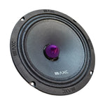 8-inch midrange speaker with gray cone and purple center dome, black frame