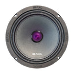 8-inch midrange speaker front view with gray cone, purple center dome, mounting holes