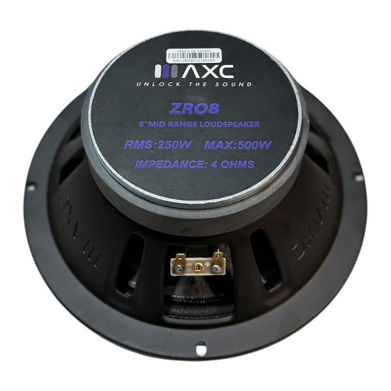8-inch midrange speaker rear with spec label, gold terminals, black mounting basket
