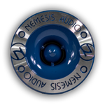 Bullet tweeter with blue dome and silver mounting ring, Nemesis Audio logo